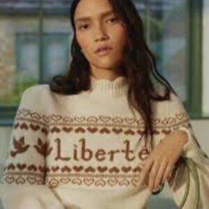Beulah Cream Brown Liberte Lambswool Pullover Sweater Heart Dove Size Small